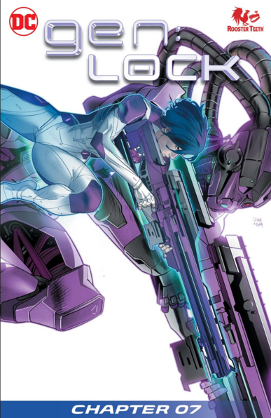 a cover of a comic book, white background, red 'dc comics' logo in the upper left corner, in silver futuristic letters it says gen:lock, at the bottom on a blue strip in white letters 'chapter 07', the illustration is of a large robot, with a human figure in the same position as it, overlayed on top of the robot, the human figure smaller, pointing a very large cannon gun diagonally downward to the right side of the page, the female figure has a white and purple suit on and blue hair , the robot is purple colored 