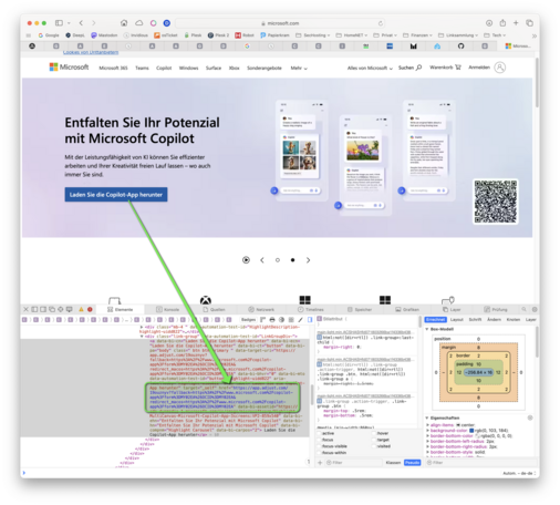 Ein Button auf der Webseite von Microsoft, welcher den Copilot bewirbt. Darunter der Quellcode der zeigt, dass Microsoft hinter diesem Button Analytic Link von Adjust versteckt. 