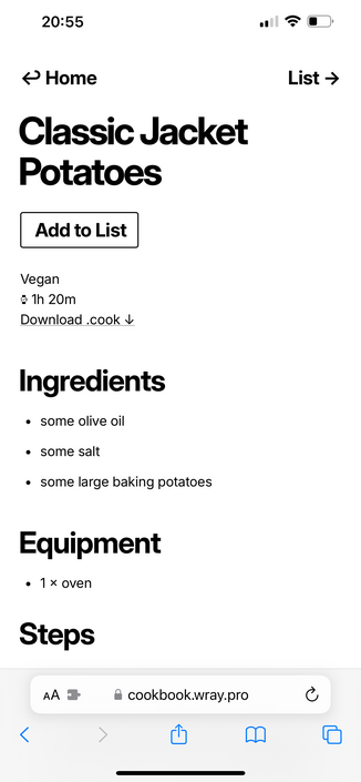 Screenshot of a recipe for jacket potatoes on cookbook.wray.pro