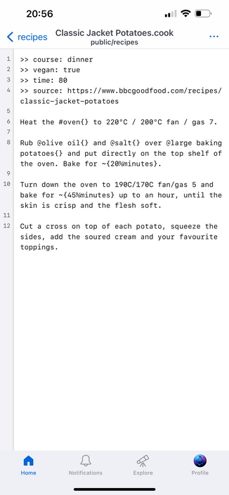 Screenshot of the Cooklang markup for the jacket potatoes recipe 