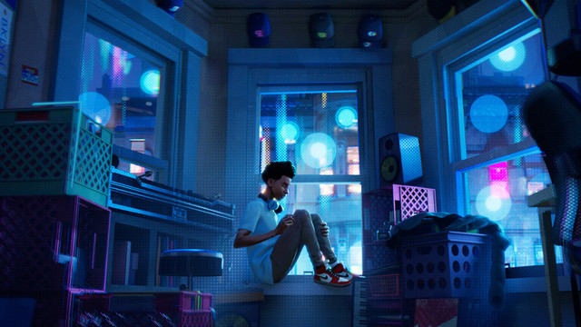 Miles Morales sitzt zusammengekauert vor seinem Fenster auf der Fensterbank. Von draußen scheinen die Lichter der großstadt in das dunkle Zimmer. Miles wirkt bedrückt.