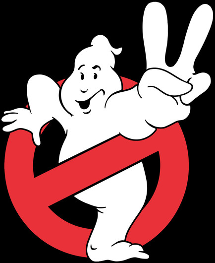 The logo from Ghostbusters II. Moogli the signature white ghost, reaches through the red forbidden sign to show the victory sign with his left hand while holding on to the sign with the right. He has a cheeky smile on his face.