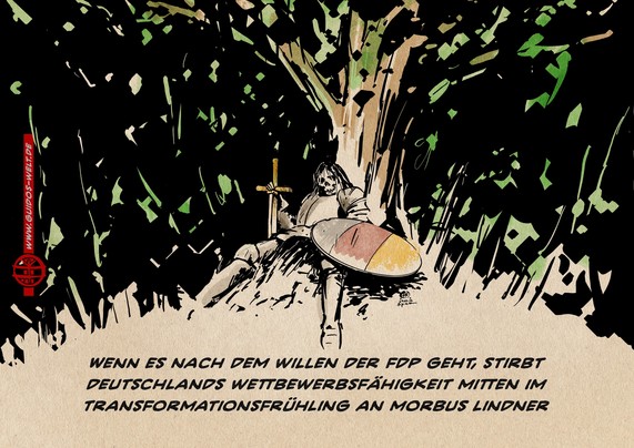 Illustration: Germania in Harnisch friedlich tot unter einer Eiche 
Textzeile: Wenn es nach dem Willen der FDP geht, stirbt Deutschlands Wettbewerbsfähigkeit mitten im Transformationsfrühling an Morbus Lindner