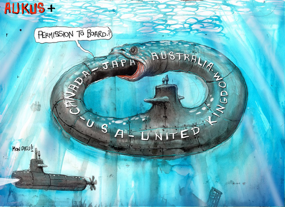 AUKUS +
An [AUSTRALIA - UNITED KINGDOM - U.S.A. - CANADA - JAPA...] extended submarine appears as an eel which is eating itself, its tail in its own mouth. The Japanese is seen raising "PERMISSION TO BOARD?" as it disappears into the AUKUS +.
We see a French submarine further down, lights on, with a clear response identifiable across the depths: "MON DIEU!!"