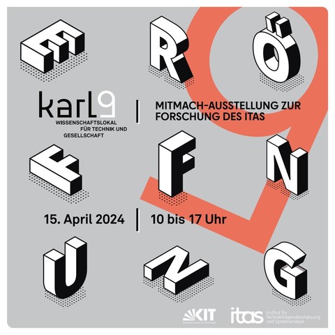 Key visual zur Eröffnung des "Karl9 – Wissenschaftslokal für Technik und Gesellschaft" mit Angaben zu Zeit (Montag, 15. April 2024, 10-17 Uhr) und Ort (Karlstraße 9, 76133 Karlsruhe)