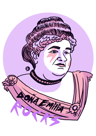Illustration of "Doña Emilia Rocks", portrait of Emilia Pardo Bazán in black line and dot pattern with a lightning bolt on her face, and the title Doña Emilia Rocks with eighties letters in the lower left part of the image.