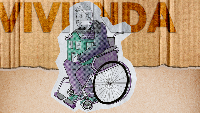 Frame from the header of the program "Al Lío" in which the header HOUSING is seen over an illustration of an old woman in a wheelchair holding a house on a background of cardboard.