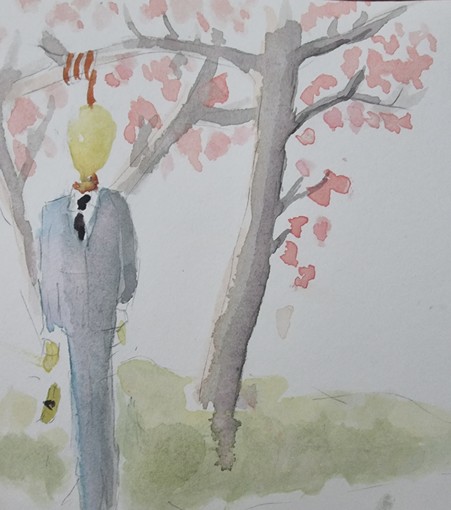 Baloon person from sora generated movie hanging bellow the magnolia tree and loosing last dolar. Everything done with watercolor. 
