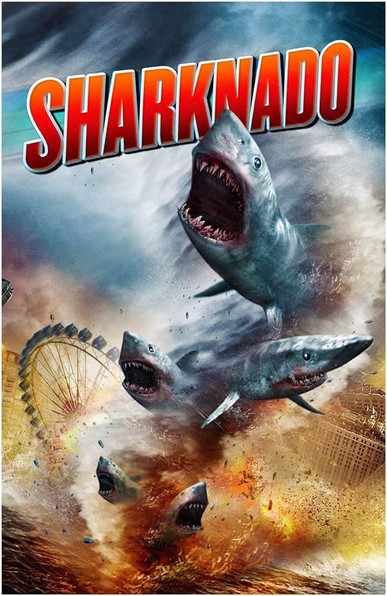 Movie poster for the movie "Sharknado"

Image of multiple sharks riding a tornado that is in the middle of eclipsing a ferris wheel and a structure in the background.