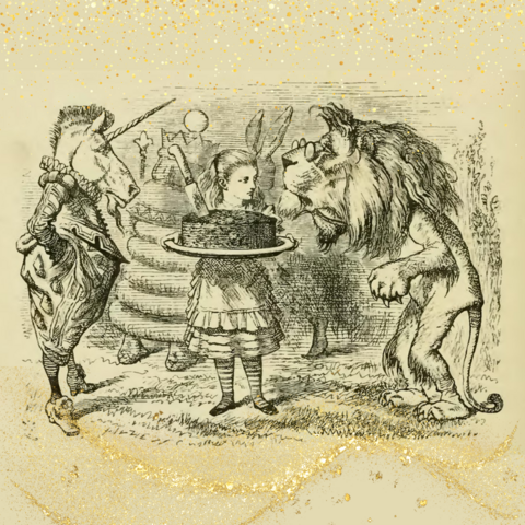 Tenniel's illustration of the lion and the unicorn with Alice from Alice through the Looking Glass