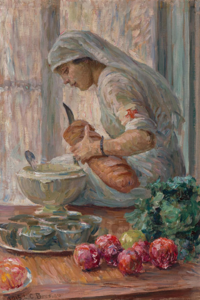 a painting of a nurse, she is in white with a white nun-like cloth on her head, a red cross on her left arm, she is seen from the side, facing left, looking down at a loaf of bread she is holding up and cutting with a large kitchen knife, some vegetables on the wooden table and bowls on a large tray 