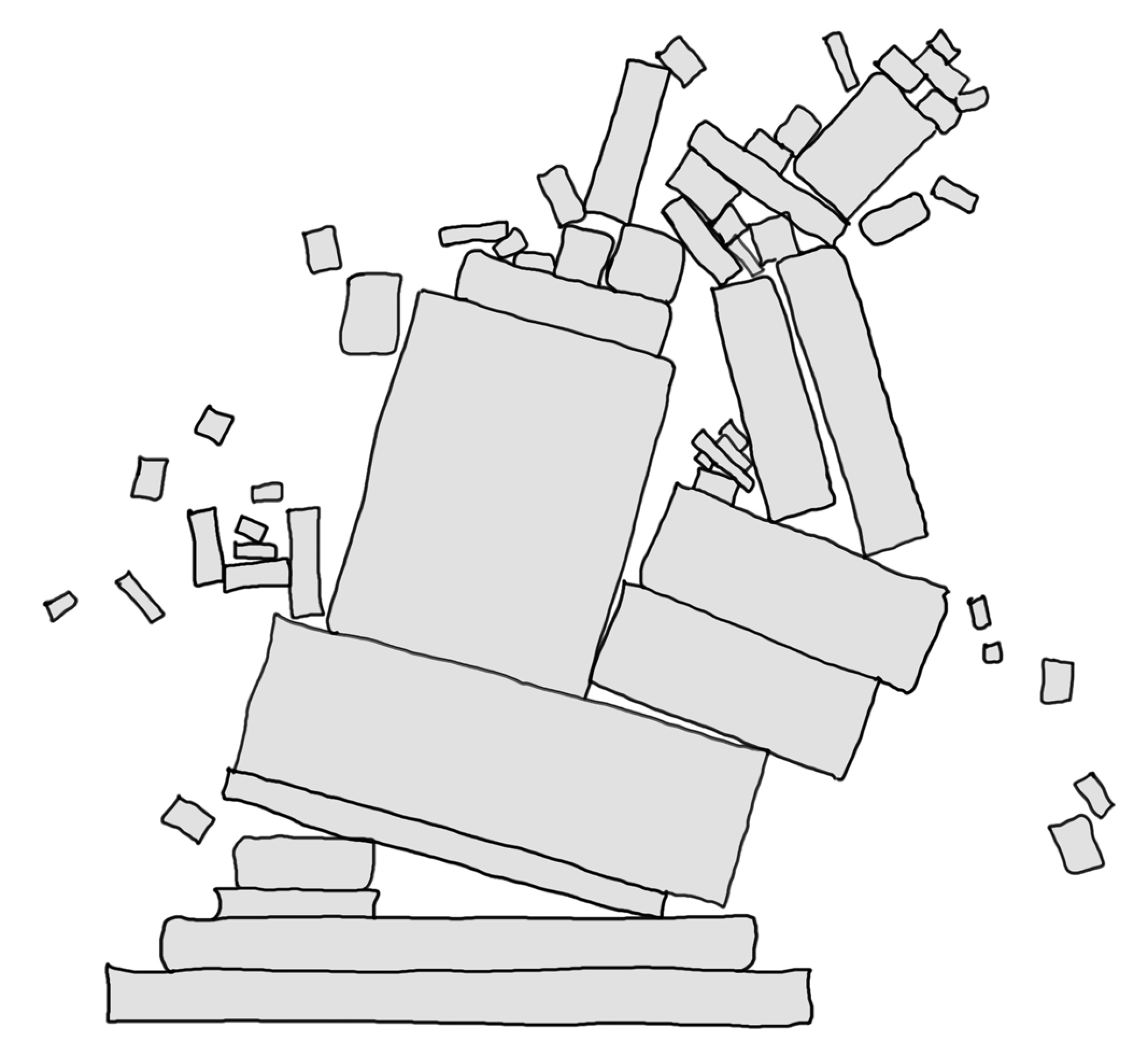 A stopped-in-time physical simulation of xkcd 2347 collapsing due to removal of the critical dependency.