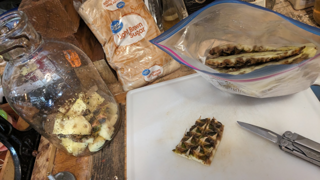 A white plastic cutting board that has some cut pineapple rind and a knife on it, as well as a zip lock bag containing additional rind. Chopped up rind has been added to a gallon glass jug with a wide mouth that is sitting next to the cutting board. A small bag of brown sugar is nearby.