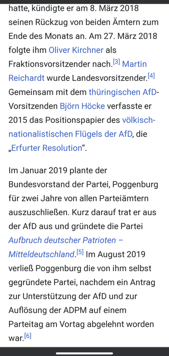 Gemeinsam mit Bernd höcke verfasste er 2015 das positionspapier des völkischen nationalistischen flügels der afd, die "Erfurter Resolution".
Im Januar 2019 plante der bundesvorstand der Partei poggenburg für zwei Jahre von allen parteiämtern auszuschliessen. Kurz darauf trat er aus der afd aus und gründete die völlig erfolglose Partei Aufbruch deutsche Patrioten mitteldeutschland. Im August 2019 verliess er selbst seine Partei.