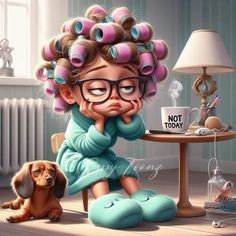 eine Frau sitzt am Tisch mit Lockenwicklern in den Haaren und trinkt Kaffee ein Dackel sitzt neben ihr KI-Bild