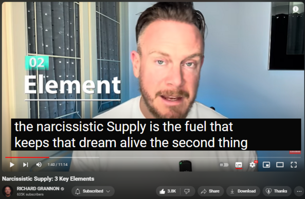 Narcissistic Supply: 3 Key Elements

https://www.youtube.com/watch?v=aMGIiz1-Lwk

72,410 views  Premiered on 29 Mar 2024
🔴 New Course: Narcissistic Cults Decoded
https://www.richardgrannon.com/narcis...