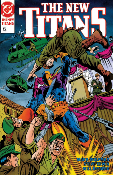 a cover of a comic book, at the top in large white letters with red outlining it reads 'the new titans', the dc comics logo is at the top left corner in red and white, the illustration is of deathstroke fighting with many soldiers, helicopters int he background, a man speaking at a lectern behind them, the sky dark blue, deathstroke is kicking and throwing and punching the soldiers 