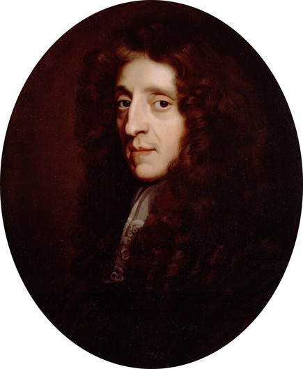 A painted portrait of John Locke by John Greenhill (died 1676) featuring a handsome and brooding looking man with luxurious curled hair and deep set eyes.
