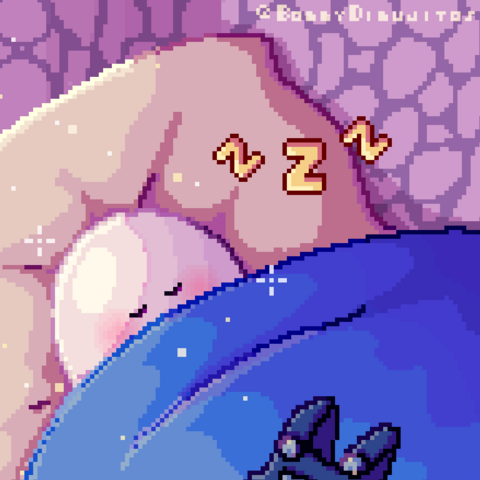 Dibujo de un personaje del qsmp, un huevo con overol de mezclilla acostado en una cama con cobijas azules y una almohada grande
