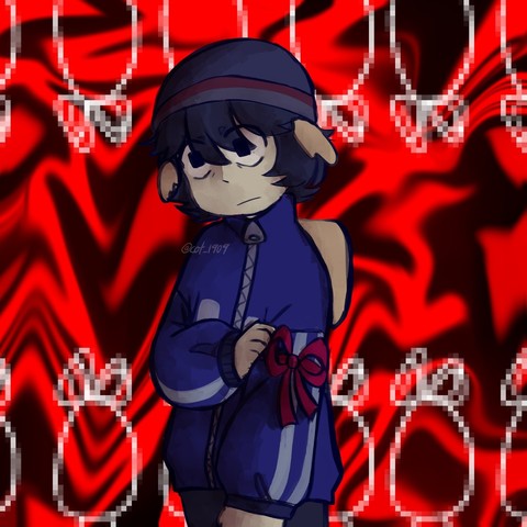 Q! quackity (chico con pelo negro, un gorro azul con gris y rojo, alas de pato que salen de su espalda y cerca de su oreja, ocupa un poleron sin gorro azul y unos pantalones negros) sostiene su brazo con el lazo de tilín (su hija) mientras mira a la nada con una mirada perdida, de fondo un color rojo y negro retorcido con siluetas blancas de su hija tilín (un huevo con un lazo rojo)