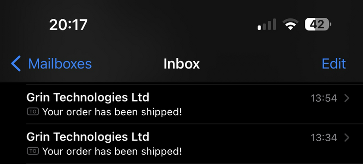 A screenshot indicating two orders from Grin Technologies have shipped