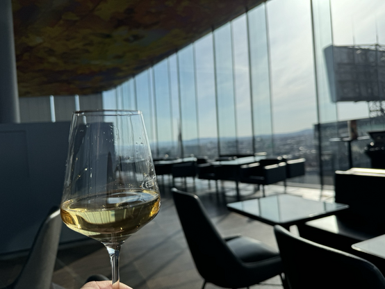 Glas Weisswein in der Hotelbar im 18 Stock. Im Hintergrund unscharf Wien. 