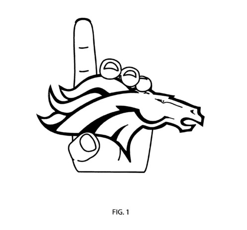 Design patent drawing disclosing a sign shaped like a hand, with the index finger pointing up, holding the Denver Broncos logo. The applicant is not the mark owner.