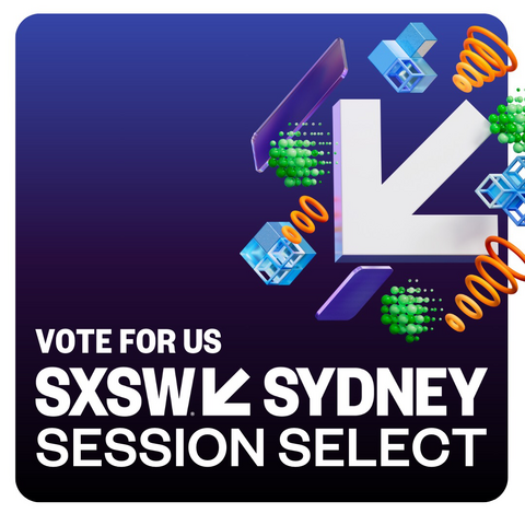 Vote for us at SXSW Sydney white text on navy blue background. SXSW arrow logo on top right corner.