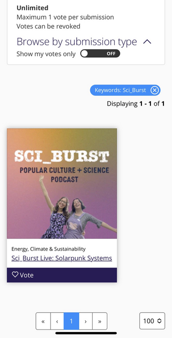 “Sci_Burst Live: Solarpunk Systems” submission and sci_burst logo graphic with two young women wearing purple on rainbow background.