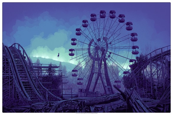 A post-apocalyptic ruin showing an old roller coaster and ferris wheel in shades of blue; arresting color and vivid detail