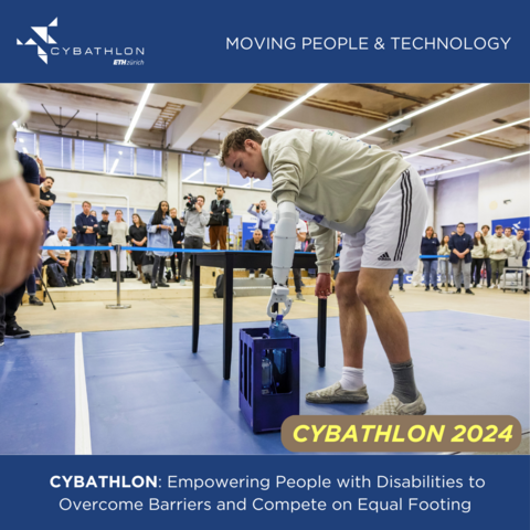 The photo features pilot Kyle Briggs from the team ARM2u during the CYBATHLON Challenges wearing an electrical arm prosthesis that is built and developed with 3D-printing technology.