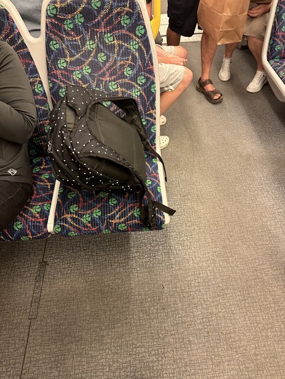 Photo of the offending bag, occupying a seat of a Transperth train, while others are standing up.

Cropped out of shot is the offender whose manners leave much to be desired.