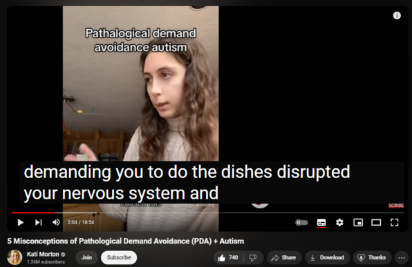 https://www.youtube.com/watch?v=7xHvNw70FCc
5 Misconceptions of Pathological Demand Avoidance (PDA) + Autism

9,636 views  9 Apr 2024
I recently saw a video that touched on pathological demand avoidance, also commonly referred to as PDA. Pathological demand avoidance (PDA) is a pattern of behavior in which we go to extremes to ignore or avoid anything they perceive as a demand. Pathological demand avoidance (PDA) is most often seen in people with autism, but certain traits also have been seen with people with ADHD and other sensory processing disorders. In this video I will talk about what PDA is, why it's often searched with ADHD and autism, strategies that can help those with pathological demand avoidance, and what it's like living with PDA. Do you or someone you know live with PDA? Share about your experience in the comments. 

Here are some signs you might have PDA:   

 • 10 Signs you have Pathological Demand...   
What is high functioning autism?   

 • What is High Functioning Autism? | Ka...   
Misunderstandings about autism:   

 • Misunderstandings About AUTISM
