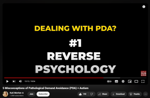 https://www.youtube.com/watch?v=7xHvNw70FCc
5 Misconceptions of Pathological Demand Avoidance (PDA) + Autism
9,636 views  9 Apr 2024
I recently saw a video that touched on pathological demand avoidance, also commonly referred to as PDA. Pathological demand avoidance (PDA) is a pattern of behavior in which we go to extremes to ignore or avoid anything they perceive as a demand. Pathological demand avoidance (PDA) is most often seen in people with autism, but certain traits also have been seen with people with ADHD and other sensory processing disorders. In this video I will talk about what PDA is, why it's often searched with ADHD and autism, strategies that can help those with pathological demand avoidance, and what it's like living with PDA. Do you or someone you know live with PDA? Share about your experience in the comments. 

Here are some signs you might have PDA:   

 • 10 Signs you have Pathological Demand...   
What is high functioning autism?   

 • What is High Functioning Autism? | Ka...   
Misunderstandings about autism:   

 • Misunderstandings About AUTISM