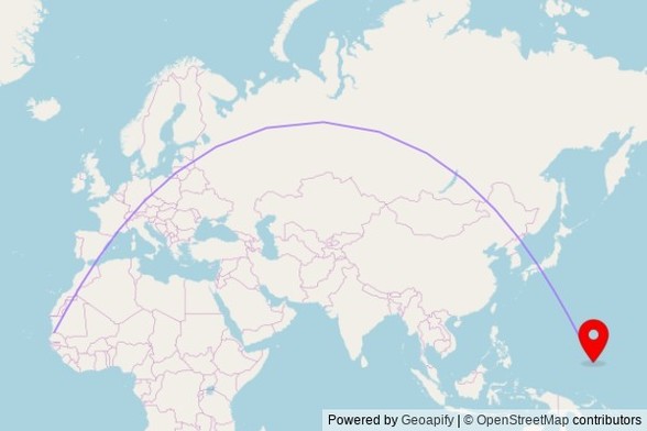 A map showing the great circle route from Rosso in Mauritania to a map pin at Grace Baptist Chutrch, Weno, Micronesia, United States of America
