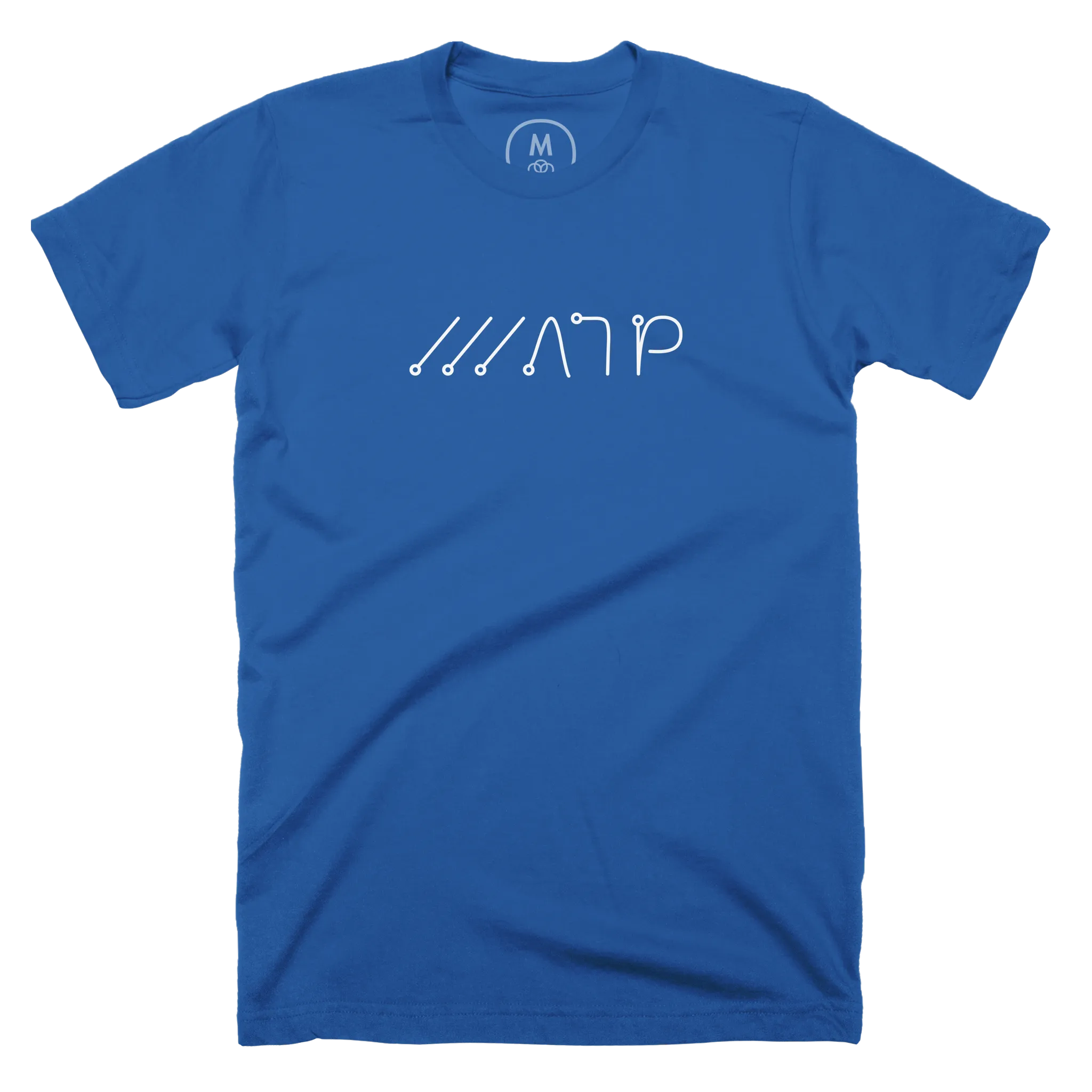 A blue t-shirt with the ///ATP logo written using Palm’s Graffiti writing system.