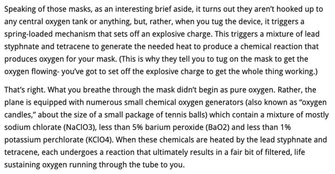 Image of a text excerpt explaining how airplane oxygen masks work, describing the chemical reaction that produces oxygen without the need for an oxygen tank.