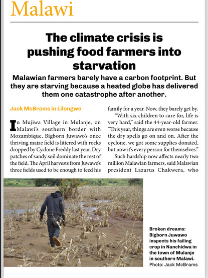 Screen shot from current issue showing the drought in Malawi. Broken dreams: Bigborn Juwawo inspects his failing crop in Nanchidwa in the town of Mulanje in southern Malawi. Photo: Jack McBrams