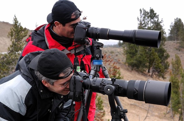 Two Nikonians photographers with DSLR cameras mounted on tripods looking through their cameras using telephoto lenses. Image taken in the autumn and the photographers are quite well dressed due to the morning cold in one of the National Parks in Wyoming. One photographer uses his left eye whereas the other uses his right eye to look through the viewfinder. Which eye are you using, if you are using a viewfinder? Are you left or right handed?