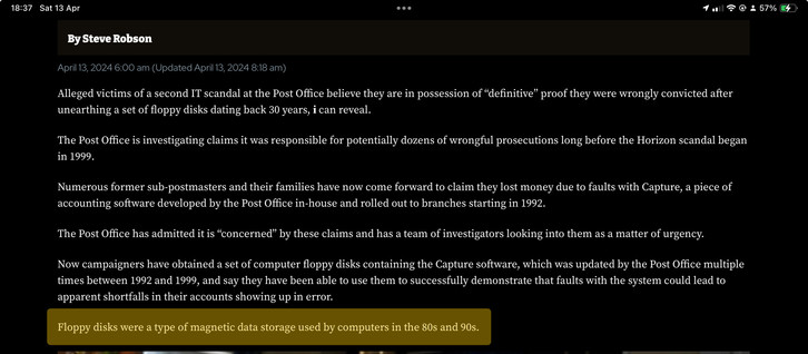 In a paragraph of a news article taking about the discovery of old UK Post Office cash register software, the article states “Floppy disks were a type of magnetic data storage used by computers in the 80s and 90s.”