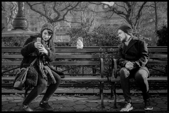 Two people sit on a bench on either side of a squirrel.  The woman on the left is taking a selfie with her phone.