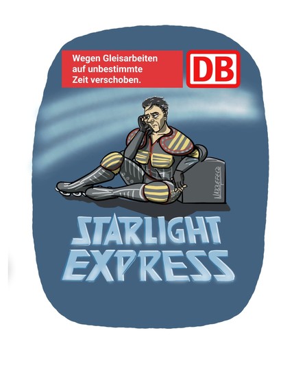 Man sieht den Hauptcharakter von Starlight Express, der, gelangweilt auf dem Boden sitzend und an einem Kilometerstein lehnt, das Gesicht auf einer Hand abgestützt. Darunter sieht man den Schriftzug "Starlight Express". Über dem Szenario steht in einer roten Box mit DB-Logo: "Wegen Gleisarbeiten auf unbestimmte Zeit verschoben."