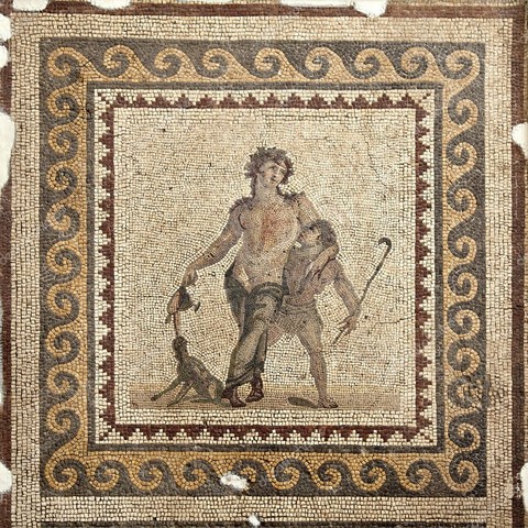 Roman mosaic depicting a youthful Dionysos with a grapevine crown in his long hair and a kantharos cup in his right hand, tilted so much that wine is flowing out that is being lapped up by his pet panther. The god is so drunk that he leans on a satyr friend for support.