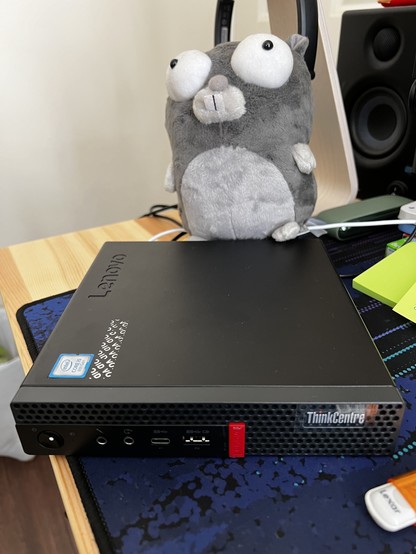 Picture of a Lenovo M720q Tiny and a gopher plush