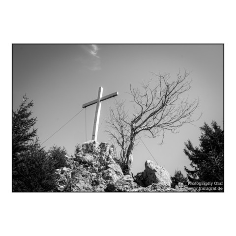 The image is a black and white photograph that depicts a scene of quiet strength and spirituality. A large cross, the symbol of faith for many, stands prominently atop a rugged terrain, its presence magnified by the starkness of the monochrome. The cross is secured by cables, suggesting its importance and the desire to maintain its stature against the elements.

Beside the cross, a leafless tree reaches out with its intricate branches, as if in conversation with the symbol of faith. The tree's …