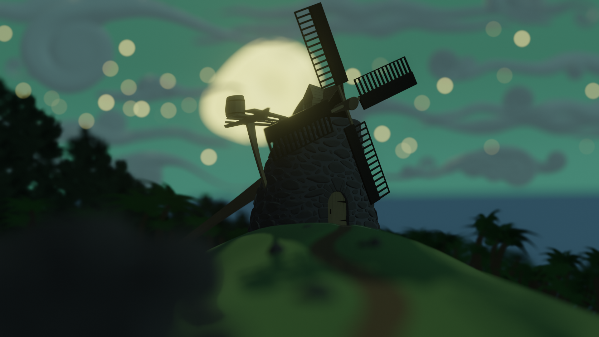 A 3D scene of a stylised windmill sitting on a bare hill surrounded by forest with a barrel resting on a precarious balcony in front of a full moon. Out of focus stars dot the night sky between swirly clouds