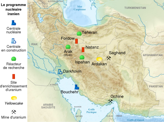 Karte der wichtigsten Standorte des iranischen Atomprogramms (Stand 2014)
Autor: Sémhur
Lizenz: CC-BY-SA-4.0