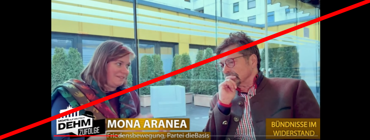 Ausschnitt aus einem Interview von Diether Dehm mit Mona Aranea. Links sitzt Aranea, recht Dehm.
Im Hintergund hinter einer Fensterfront Büsche in Pflanzcontainern