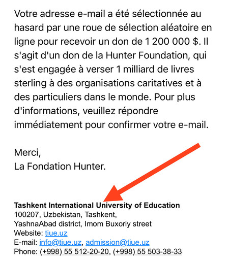 Screenshot einer SCAM-/Phishing-Mail der «Hunter Stiftung» mit einer Fusszeile der «Tashkent International University of Education»