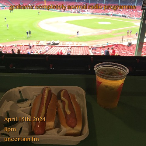 Looking down at the field at Fenway from the upper 3rd base concourse. In the foreground two hot dogs with mustard and a cold beer in a plastic cup. 

Orange text overlaid promoting a radio show, details in the main post.